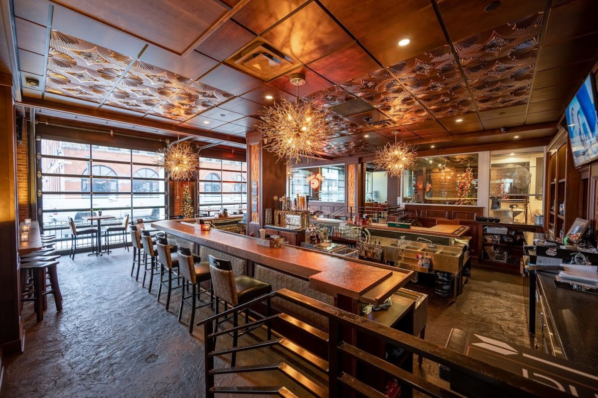 Reserve Steakhouse bar and lounge interior with ornate chandeliers